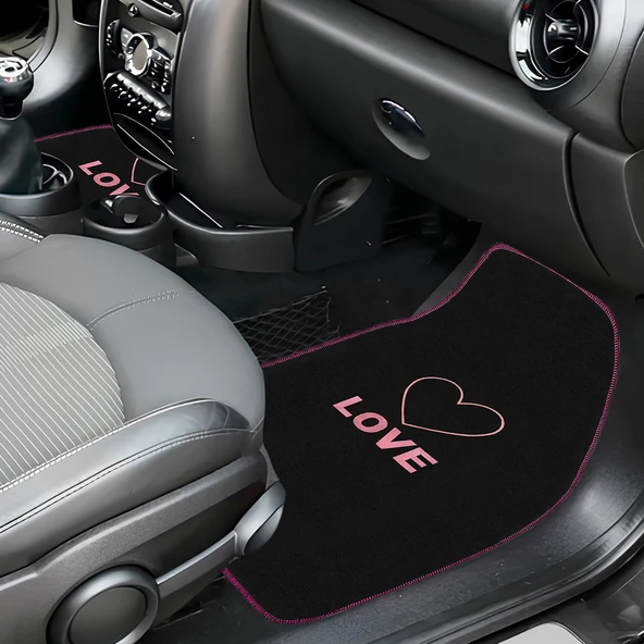 Kalp ve Aşk Desenli Pembe Nakışlı 5'li Oto Halı Paspas Seti / Love Yazı Detaylı Araba Paspas Takımı - Resim 3
