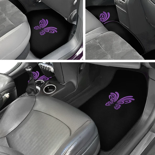 Kelebek Desenli Mor Nakışlı 5 Parça Siyah Oto Halı Paspas Seti - Kadın Sürücülere Özel Şık Tasarım - Resim 3