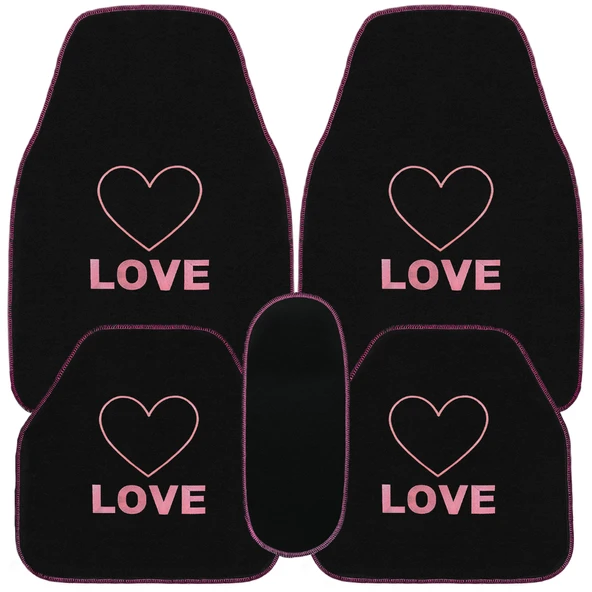 Kalp ve Aşk Desenli Pembe Nakışlı 5'li Oto Halı Paspas Seti / Love Yazı Detaylı Araba Paspas Takımı - Resim 7