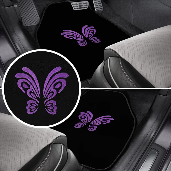 Kelebek Desenli Mor Nakışlı 5 Parça Siyah Oto Halı Paspas Seti - Kadın Sürücülere Özel Şık Tasarım ürün görseli