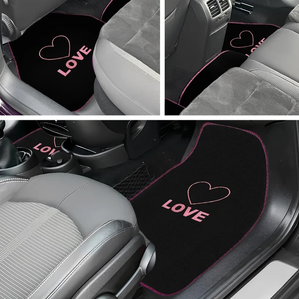 Kalp ve Aşk Desenli Pembe Nakışlı 5'li Oto Halı Paspas Seti / Love Yazı Detaylı Araba Paspas Takımı - Resim 5