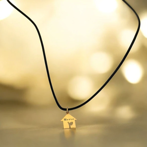 14 Ayar Altın Plakalı İsme Özel Ev Motifli Siyah Bağlıklı Hediyelik Kolye-631 ürün görseli