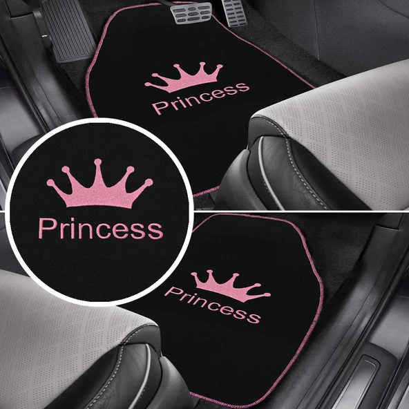 Prenses Gibi Arabana Hava Kat! Taç Desenli Pembe Nakışlı 5’li Oto Halı Paspas Seti ürün görseli