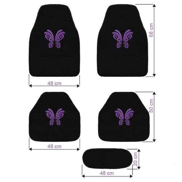 Kelebek Desenli Mor Nakışlı 5 Parça Siyah Oto Halı Paspas Seti - Kadın Sürücülere Özel Şık Tasarım - Resim 7