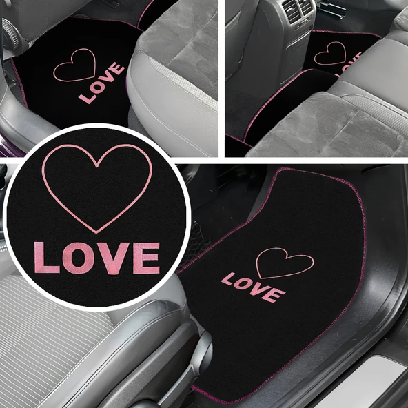 Kalp ve Aşk Desenli Pembe Nakışlı 5'li Oto Halı Paspas Seti / Love Yazı Detaylı Araba Paspas Takımı ürün görseli