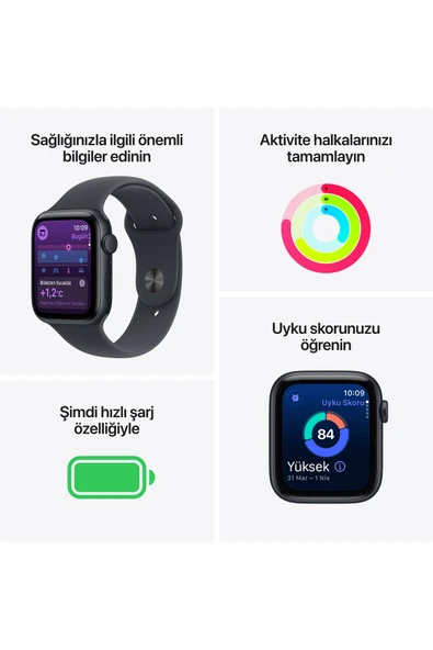 Apple Watch SE 3 GPS, 44mm Gece Yarısı Alüminyum Kasa ve Gece Yarısı Spor Kordon - S/M - Resim 3