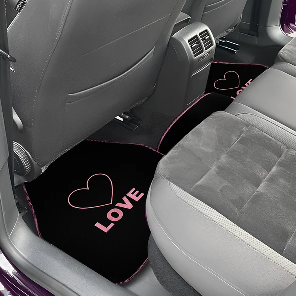 Kalp ve Aşk Desenli Pembe Nakışlı 5'li Oto Halı Paspas Seti / Love Yazı Detaylı Araba Paspas Takımı - Resim 4