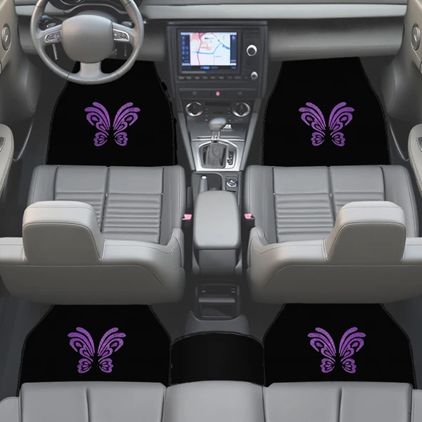 Kelebek Desenli Mor Nakışlı 5 Parça Siyah Oto Halı Paspas Seti - Kadın Sürücülere Özel Şık Tasarım - Resim 2