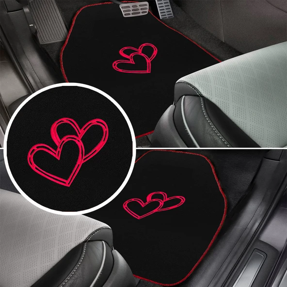 Aşkınızı Aracınıza Taşıyın! Kalp Desenli Kırmızı Nakışlı Lüks Oto Paspas Seti & Romantik Şık Tasarım ürün görseli