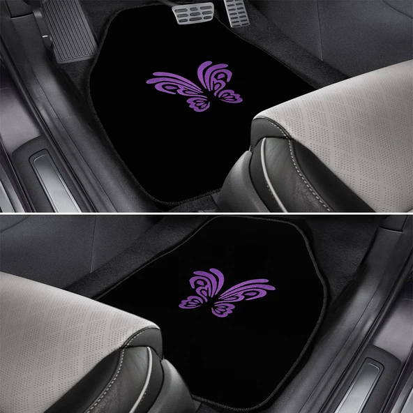 Kelebek Desenli Mor Nakışlı 5 Parça Siyah Oto Halı Paspas Seti - Kadın Sürücülere Özel Şık Tasarım - Resim 6