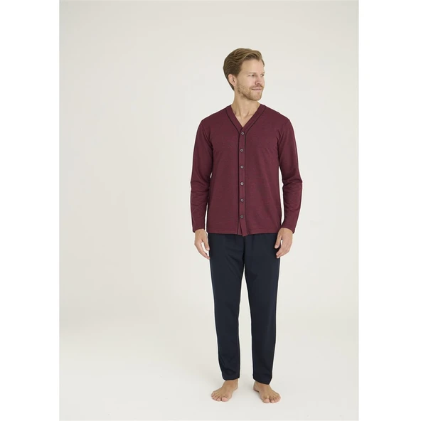 Kly Jakarlı Penye Önden Düğmeli Gömlek Erkek Pijama Takım