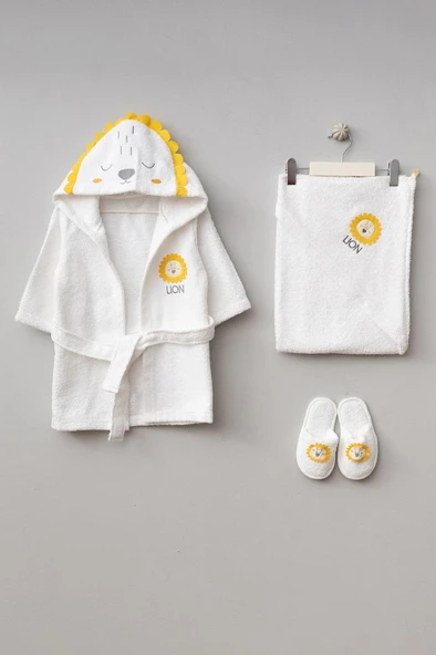 Bebitof %100 Pamuk Aslan Figürlü Bornoz Seti Sarı BBTF.SR.30024 - 2