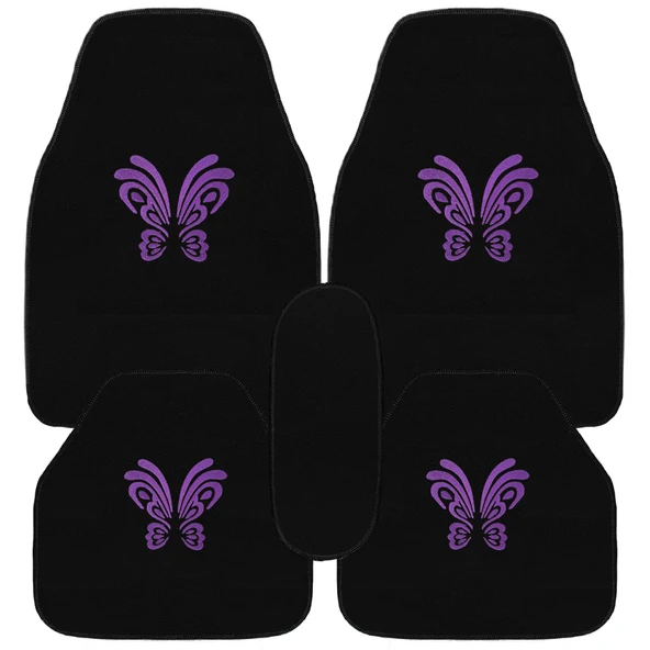 Kelebek Desenli Mor Nakışlı 5 Parça Siyah Oto Halı Paspas Seti - Kadın Sürücülere Özel Şık Tasarım - Resim 8