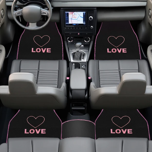 Kalp ve Aşk Desenli Pembe Nakışlı 5'li Oto Halı Paspas Seti / Love Yazı Detaylı Araba Paspas Takımı - Resim 2