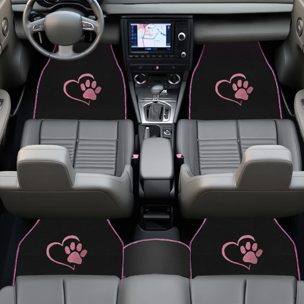 Sevgili Köpek Pati Desenli Pembe Nakışlı Araç Halı Paspas Seti / Şık ve Sevimli Oto Paspas Aksesuar - Resim 2