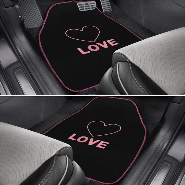 Kalp ve Aşk Desenli Pembe Nakışlı 5'li Oto Halı Paspas Seti / Love Yazı Detaylı Araba Paspas Takımı - Resim 6