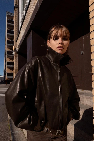 Suni Deri Bomber Ceket - Resim 5