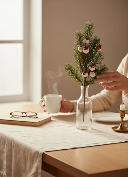 Yapay Çiçek Kokina Narlı Çam Dalı Karlı Renk 30cm Yılbaşı Çiçeği Red Berry - Resim 3