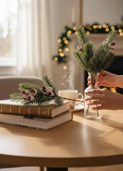 Yapay Çiçek Kokina Narlı Çam Dalı Karlı Renk 30cm Yılbaşı Çiçeği Red Berry - Resim 5