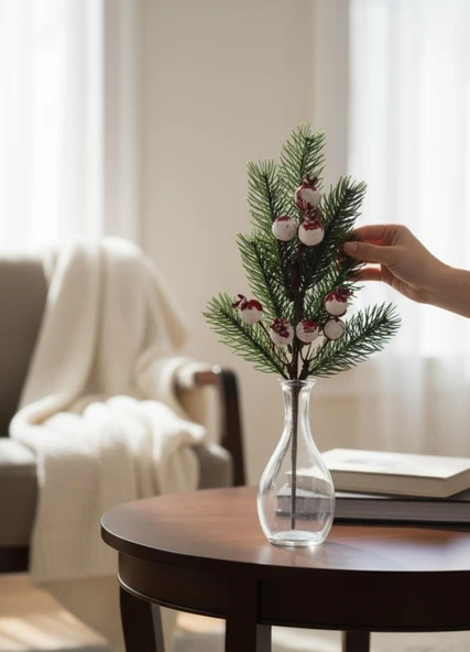 Yapay Çiçek Kokina Narlı Çam Dalı Karlı Renk 30cm Yılbaşı Çiçeği Red Berry - Resim 4