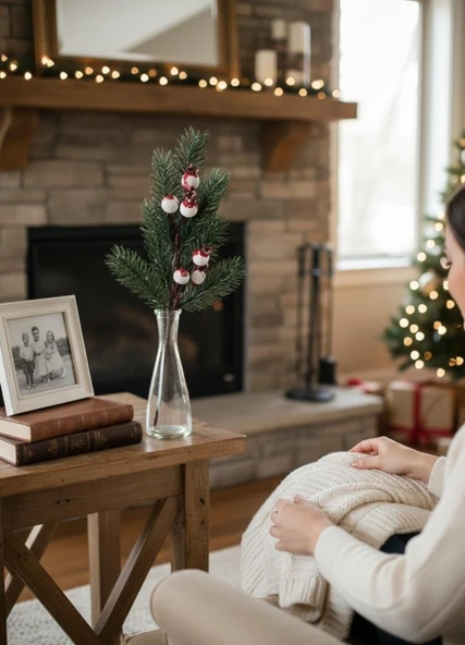 Yapay Çiçek Kokina Narlı Çam Dalı Karlı Renk 30cm Yılbaşı Çiçeği Red Berry - Resim 7