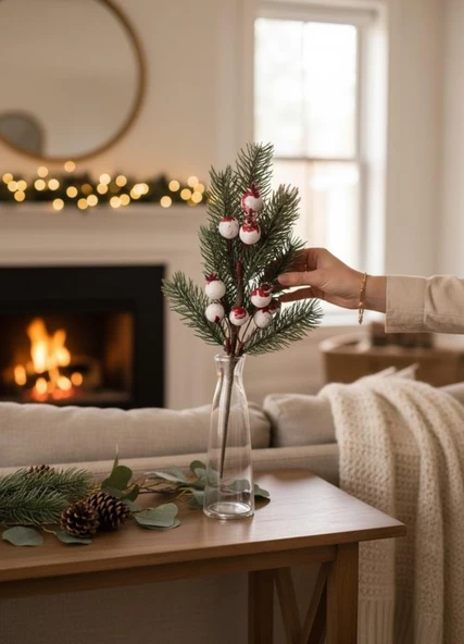 Yapay Çiçek Kokina Narlı Çam Dalı Karlı Renk 30cm Yılbaşı Çiçeği Red Berry - Resim 6