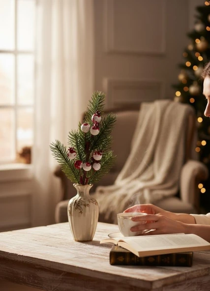 Yapay Çiçek Kokina Narlı Çam Dalı Karlı Renk 30cm Yılbaşı Çiçeği Red Berry - Resim 8