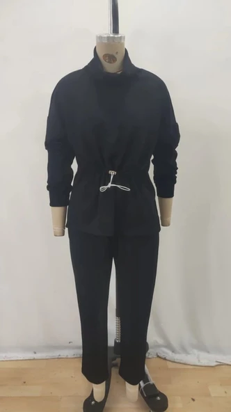 Kadın Uzun Kollu Balıkçı Yaka Belden Lastikli Modal Bluz Ve Pantolon Ikili Takım - Resim 5