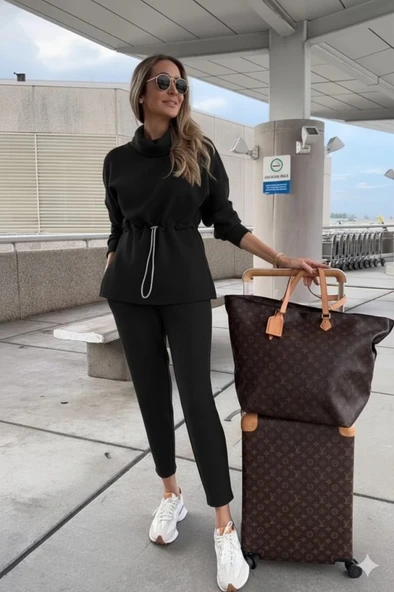 Kadın Uzun Kollu Balıkçı Yaka Belden Lastikli Modal Bluz Ve Pantolon Ikili Takım ürün görseli