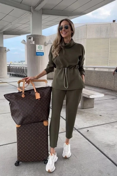 Kadın Uzun Kollu Balıkçı Yaka Belden Lastikli Modal Bluz Ve Pantolon Ikili Takım - Resim 2