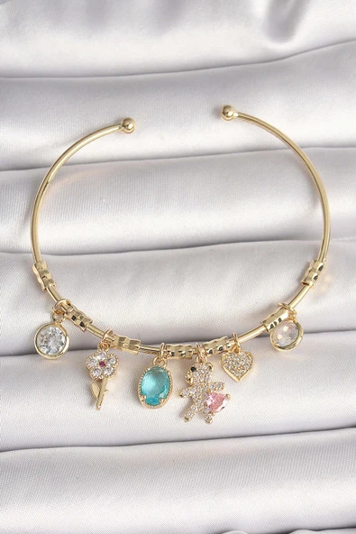 Pirinç Gold Renk Sallantı Zirkon Taşlı AYıcık Figür Kalp Detay Charm Kadın Bileklik ürün görseli 1