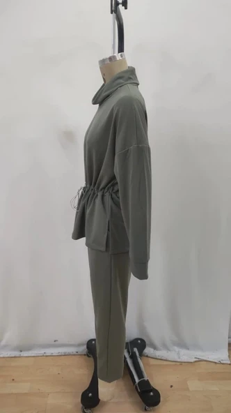 Kadın Uzun Kollu Balıkçı Yaka Belden Lastikli Modal Bluz Ve Pantolon Ikili Takım - Resim 6