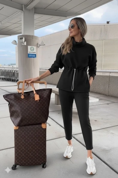 Kadın Uzun Kollu Balıkçı Yaka Belden Lastikli Modal Bluz Ve Pantolon Ikili Takım - Resim 3