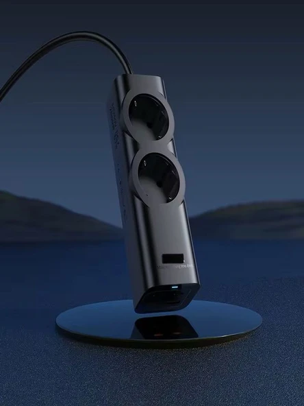 67W GaN Hızlı Şarjlı Kablolu Priz  3x Type-C  1x USB  2'li Priz 1.5M Uzatma Kablosu Siyah - 3