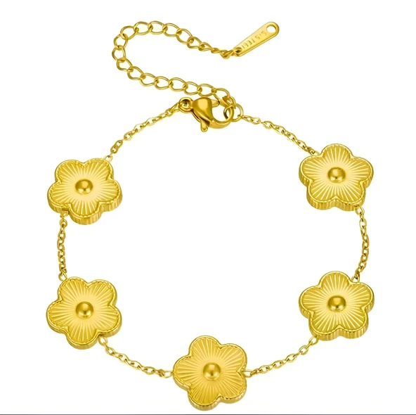 Moda Minimalist 304 Paslanmaz Çelik Titanyum Beş Yapraklı Çiçek Takı Seti - Benzersiz Tasarım Altın Bilezik ve Kolye Zinciri, Premium Çok Yönlü Bilezik + Kolye - Resim 5