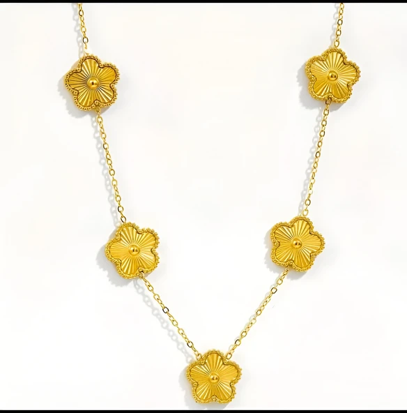 Moda Minimalist 304 Paslanmaz Çelik Titanyum Beş Yapraklı Çiçek Takı Seti - Benzersiz Tasarım Altın Bilezik ve Kolye Zinciri, Premium Çok Yönlü Bilezik + Kolye - Resim 4