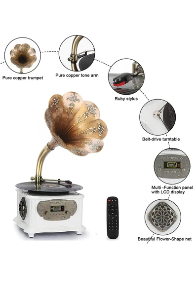 RMJ-209C Gramofon Pikap Radyo Bluetooth Usb Plak Çalar Beyaz - Resim 3