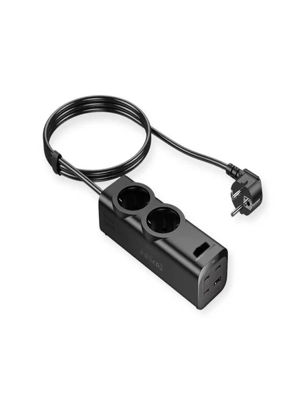 67W GaN Hızlı Şarjlı Kablolu Priz  3x Type-C  1x USB  2'li Priz 1.5M Uzatma Kablosu Siyah - 1