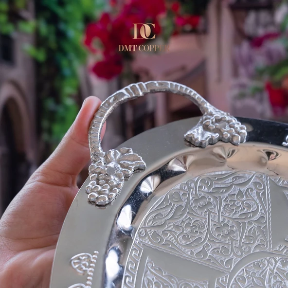 DMT Gaziantep Bakır 42,5 cm Osmanlı El İşi Sunum tepsi Kına tepsisi 42.5cmx28cm - Resim 4