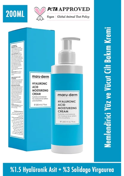Maru.Derm Hyalüronik Asit Nemlendirici Yüz ve Vücut Cilt Bakım Kremi 200 m
