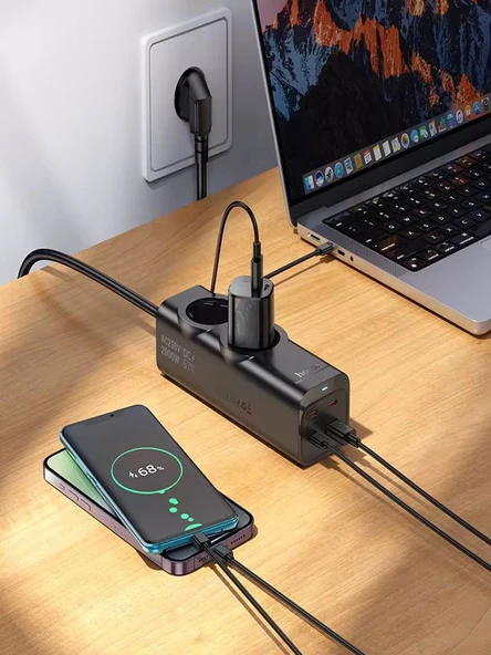 67W GaN Hızlı Şarjlı Kablolu Priz  3x Type-C  1x USB  2'li Priz 1.5M Uzatma Kablosu Siyah - 4