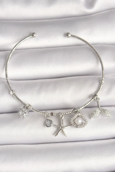 Pirinç Gümüş Renk Sallantı Zirkon Taşlı Deniz Yıldız Figür Balık Kuyruğu Detay Charm Kadın Bileklik ürün görseli 1