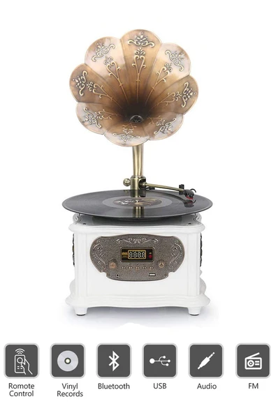 RMJ-209C Gramofon Pikap Radyo Bluetooth Usb Plak Çalar Beyaz - Resim 4