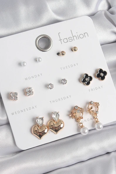 Pirinç Gold Renk Zirkon Taşlı Kalp Figür Siyah Yonca Detay 7 Çift Kadın Küpe Seti ürün görseli 1