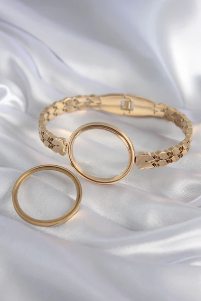 316L Çelik Gold Renk Arpa İşleme Açılabilir Fanus Model Kadın Kelepçe - Resim 2