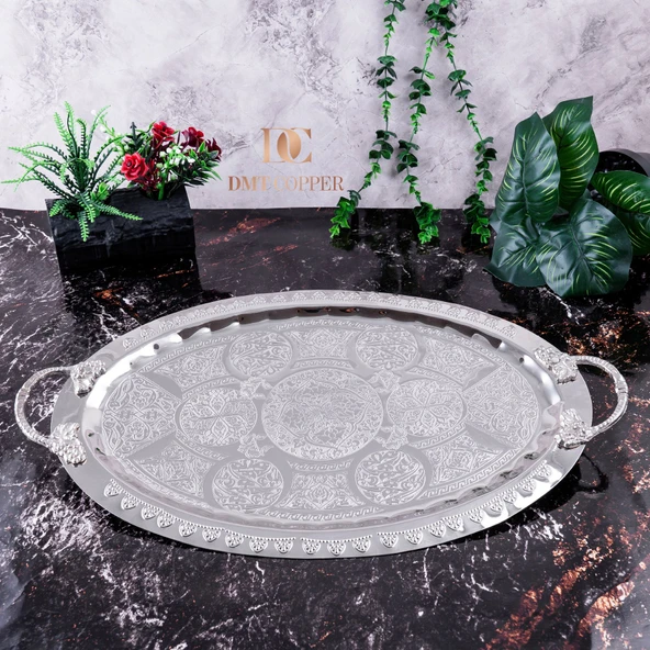 DMT Gaziantep Bakır 42,5 cm Osmanlı El İşi Sunum tepsi Kına tepsisi 42.5cmx28cm - Resim 2