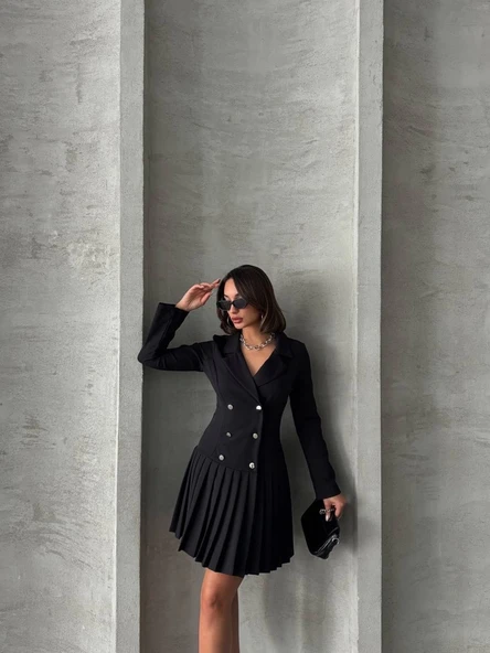 Altı piliseli uzun kollu ceket elbise siyah s255016 - Resim 5