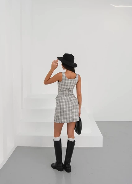 Askılı ch kumaş düğmeli elbise gribeyaz h265007 - Resim 10