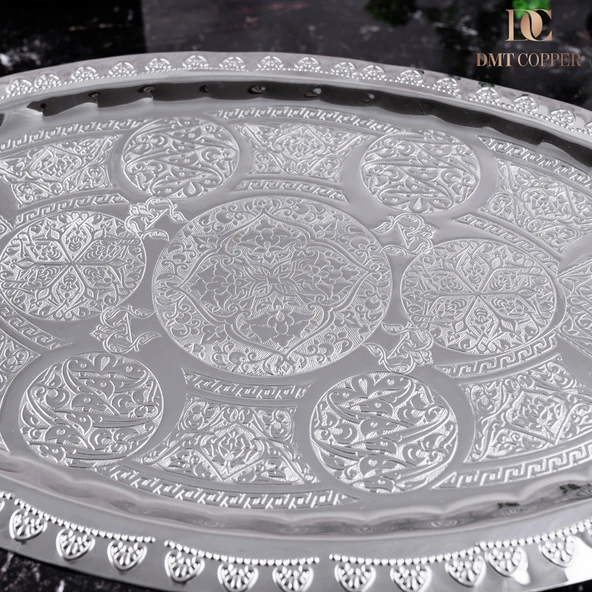 DMT Gaziantep Bakır 42,5 cm Osmanlı El İşi Sunum tepsi Kına tepsisi 42.5cmx28cm - Resim 5