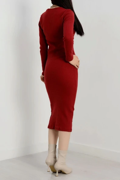 Fermuar detaylı fitilli şardonlu elbise bordo - Resim 8